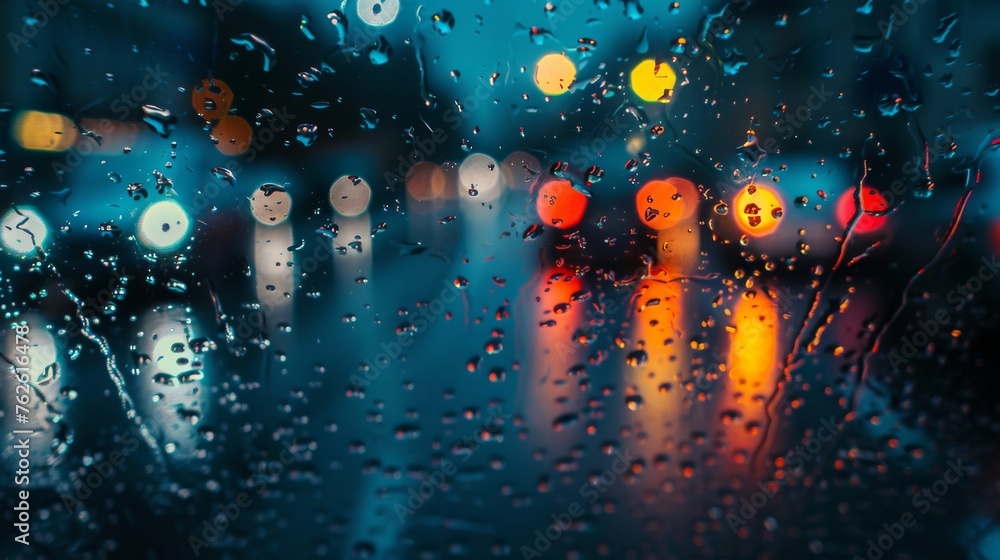 Aufkleber Rain drops are visible on the window of a car at night, illuminated by street lights. The droplets create a pattern on the glass, with some streaking down and others lingering in place.