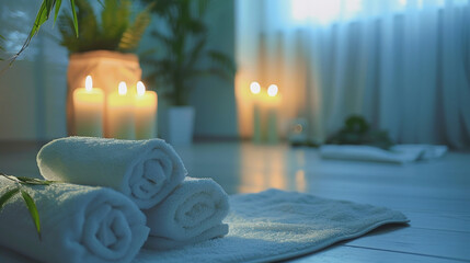 Spa massage stone concept with towels and candles in nature background.