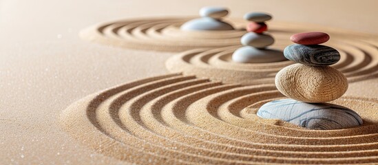 Fototapeta na wymiar Black stones on sand with pattern. Zen, meditation, harmony.