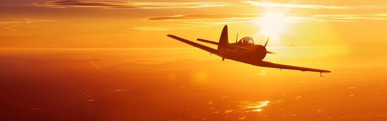 A realistic stock photo of a motor plane silhouette flying against the colorful sunset sky,...