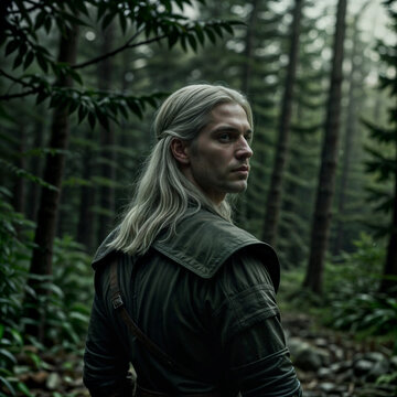man with white hair in a forest, beast hunter