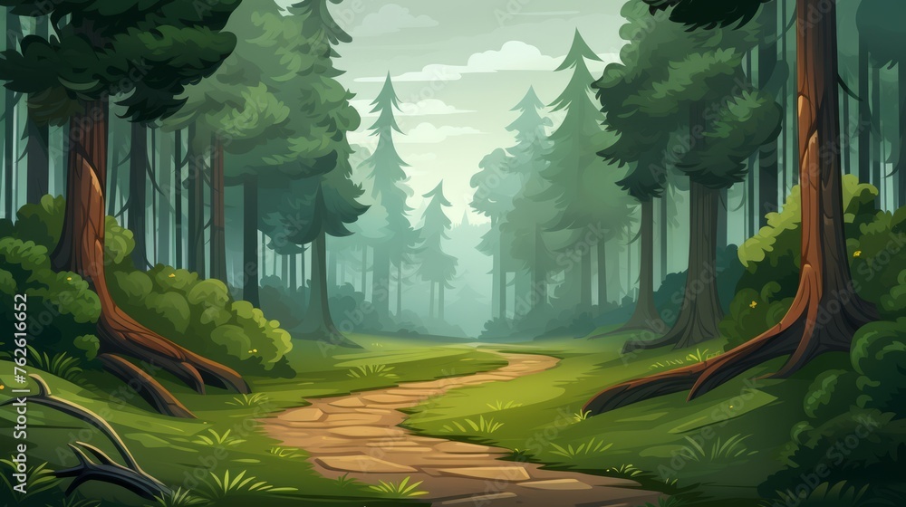 Poster Generative AI A serene, mist-covered forest with tall trees and a hidden path.