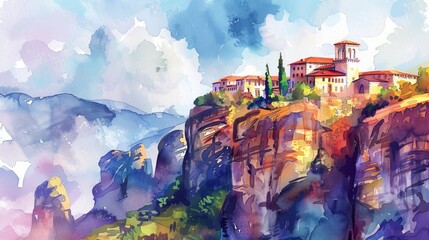 A watercolor painting depicting a medieval castle perched atop a rugged mountain peak. The castle stands out against the sky, showcasing its grandeur and strength. - obrazy, fototapety, plakaty