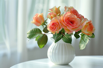 Bright peach-colored roses in full bloom presented in a white vase.