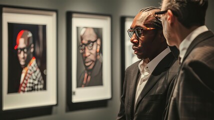 Artistic Dialogue Two Men in Sharp Suits Discuss Captivating Photography Display of Various Artists' Portraits, Blending Elegance with Creative Analysis
