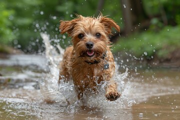 A small dog enthusiastically charges through water, creating splashes all around in a playful display.