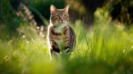 Whiskered Prowler in the Morning Meadow - obrazy, fototapety, plakaty