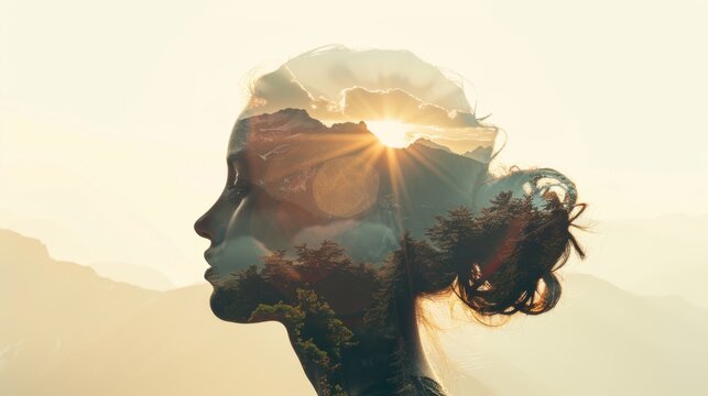 A womans face is illuminated by the glowing sun behind her, creating a striking silhouette against the bright sky. The sun rays highlight her features, showcasing a sense of warmth and radiance.