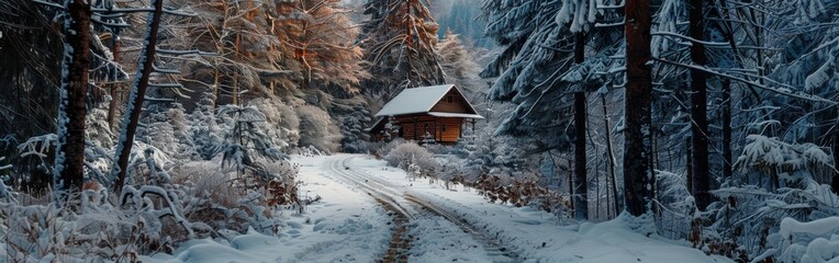 A small cabin nestled in the midst of a snow-covered forest, with trees laden with snow surrounding it.