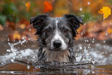 A border collie in a puddle, with water splashing around, makes direct eye contact, creating an engaging portrait.