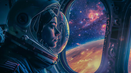A female astronaut gazing out at the stars from the windows of her spaceship - obrazy, fototapety, plakaty
