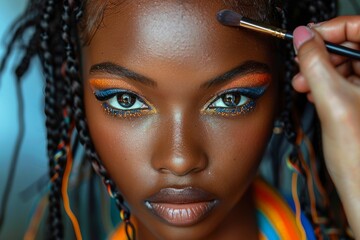 A makeup artist crafts a striking orange eyeshadow look on a model with a radiant complexion.