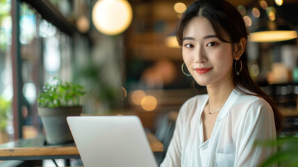 Fashionable unique Asian woman using laptop