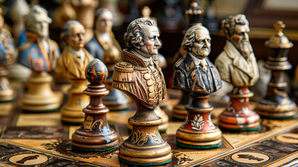 Fototapeta na wymiar Ornate chess pieces with historical figures on a detailed chessboard