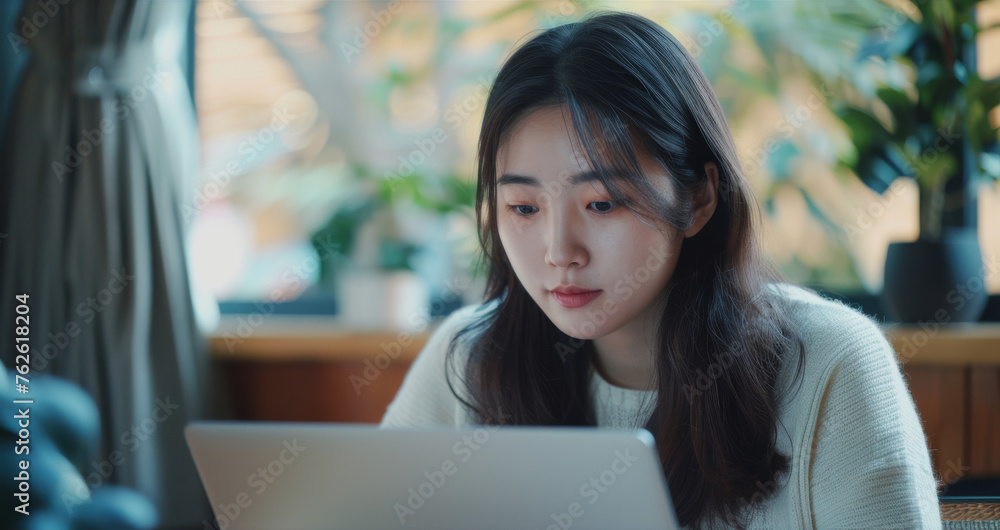 Wall mural Asian woman using laptop