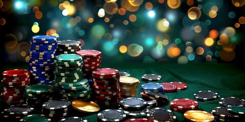 colored gaming chips on the background of a casino gaming table. Concept: poker and other betting games. banner with copy space