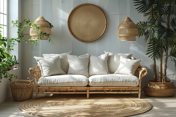 A cozy minimalist living room is adorned with rattan furniture and lush green plants.
