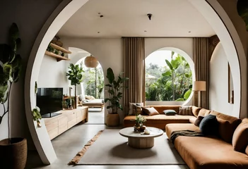 Fototapeten Modern take on upscale bali inspired small apartment white round arches interor view of  kitchen  living room bedroom © Hammad