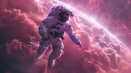 Fototapeta premium Abstract cosmic background of astronaut flying in nebula, in space, wants to discover the universe