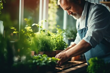 Man Tending to Rosemary Plant on Kitchen Windowsill
