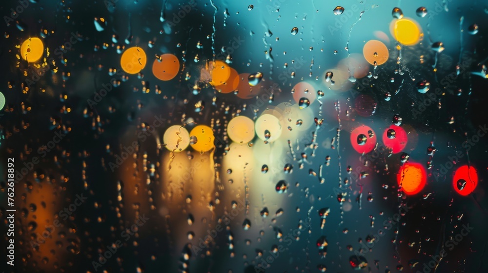 Aufkleber Rain drops are visible on a window with traffic lights blurred in the background. The drops distort the view of the lights, creating a rainy urban scene.