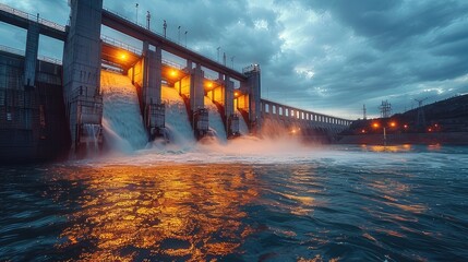 Harmony of Nature and Technology Majestic Hydroelectric Dam with Rushing Water Flowing, Unstoppable Force of Energy and Engineering Marvel
 - obrazy, fototapety, plakaty