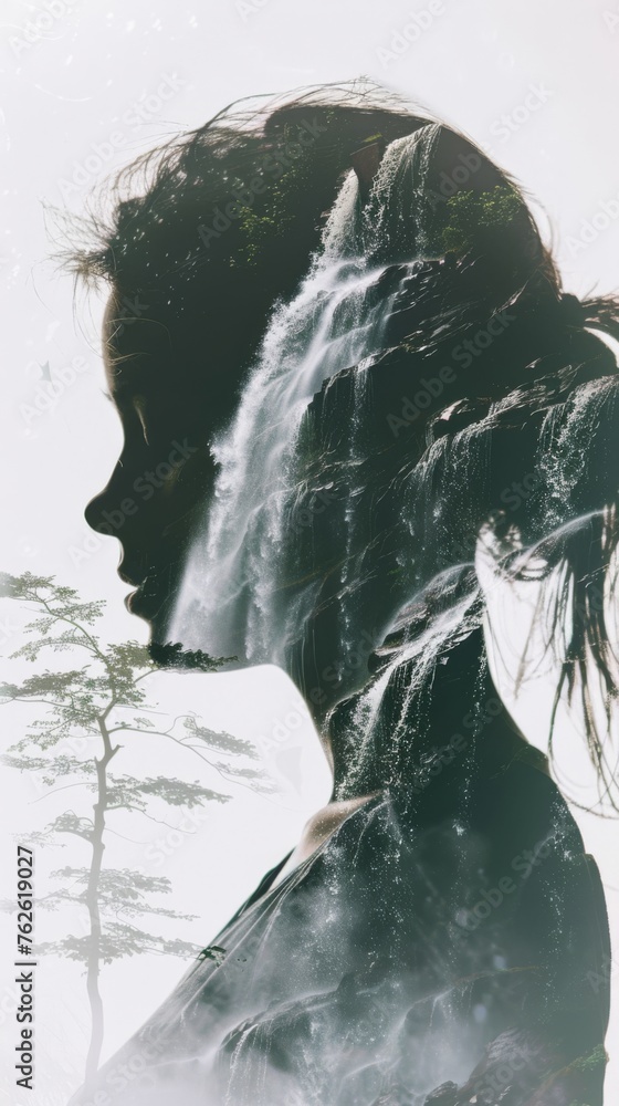 Poster a side profile of a woman with cascading waterfall in the backdrop. the womans silhouette is highlig