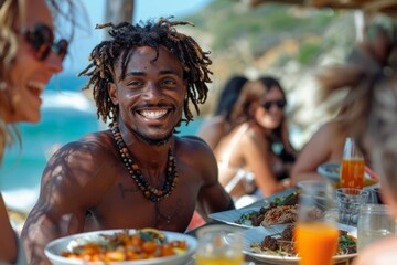A young man with dreadlocks and tattoos shares a laugh with friends at a beachside eatery. - obrazy, fototapety, plakaty