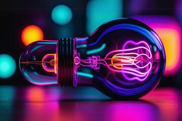 Creative light bulb with Neon colorful brightness  on a solid background. Scientific creative idea...