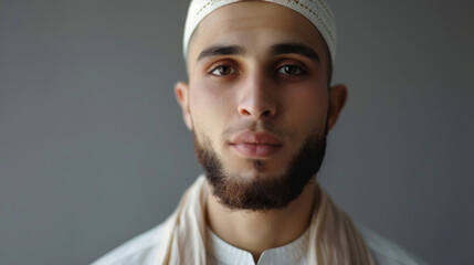 Handsome Muslim man on the gray background - obrazy, fototapety, plakaty