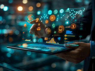 A business professional engages with a sophisticated virtual interface on a tablet, displaying a multitude of business analytics and metrics in a dynamic digital environment