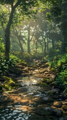 Obraz premium A stream meanders through a dense forest filled with vibrant green foliage, creating a serene and harmonious natural environment. The water glistens under the sunlight, enhancing the lushness of the s