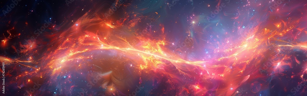 Poster a colorful space scene with a long, orange line. the image is a work of art that captures the beauty