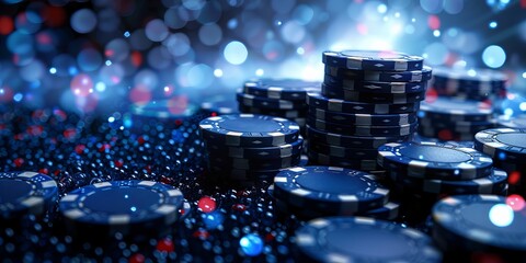 colored gaming chips on the background of a casino gaming table. Concept: poker and other betting games. banner with copy space