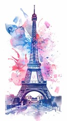 Fototapeta na wymiar A watercolor painting showcasing the iconic Eiffel Tower in Paris. The artwork captures the intricate details of the landmark against a cityscape backdrop.