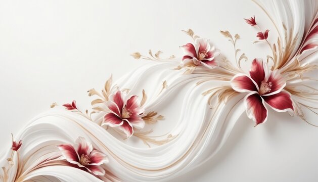 White flowing silk fabric with a burgundy lilies creates an abstract backdrop for a card, invitation, print or wallpaper.