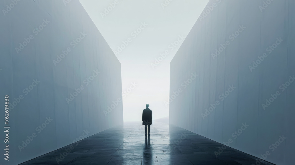 Poster silhouette of a person standing at the end of a misty corridor with tall walls. 3d render for design