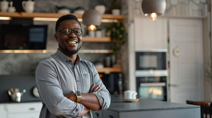 Black man, smart home design manager - obrazy, fototapety, plakaty