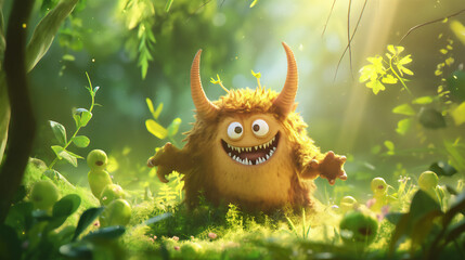 A delightful, furry monster with big horns smiling in a sunlit, enchanting forest, depicting a scene from a fantasy world