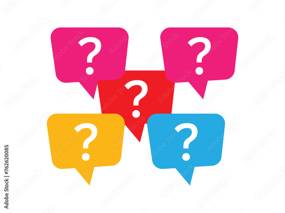 Poster chat speech message bubbles with question marks. forum icon. communication concept. answer and quest