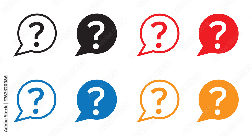 Poster question mark icon set, bubble question icon in four color, faq questions symbol on a white backgrou