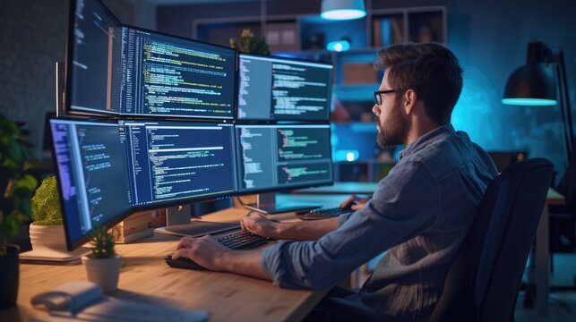A software developer works on code late into the night, illuminated by the glow of multiple computer screens in a modern office. AIG41