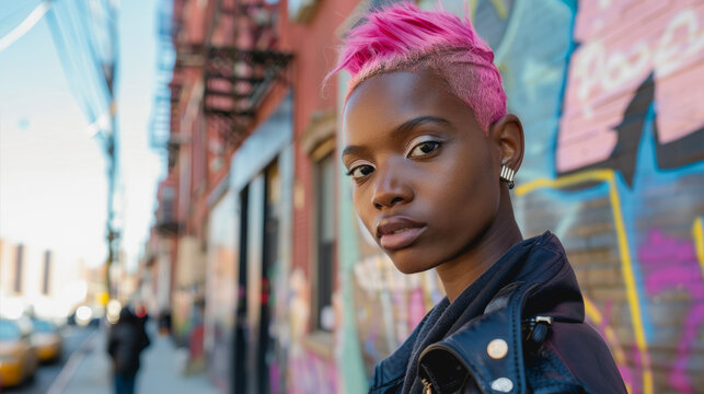 Young african woman with pink hair looking on camera with city street in background - Trendy black girl and urban lifestyle concept - Model by AI generative