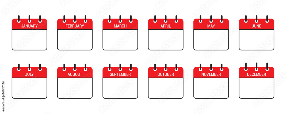Poster vector calendar icons set. twelve months with names. editable Template for creating an icon for any day of the year. Flat vector illustration