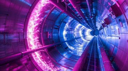 A cascade of glowing plasma cascades down a magnetic confinement vessel, illuminating the quest for controlled fusion.
