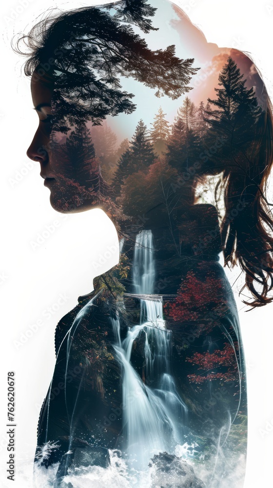 Poster a womans face in the foreground with a waterfall cascading down in the background. the womans featur