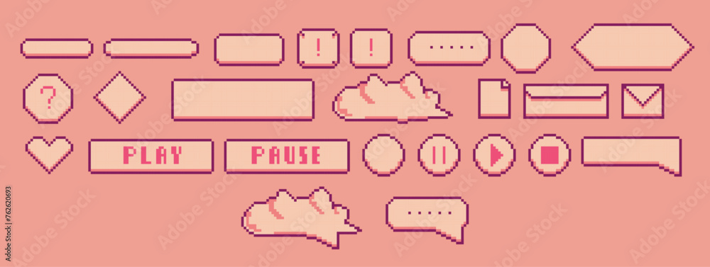 Poster pixel art speech boxes, dialogue boxes assets for retro games, speech bubbles messages and quote fra