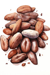 Obraz premium cocoa beans, watercolour style, white background сreated with Generative Ai