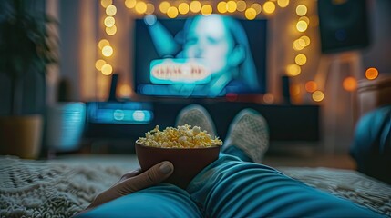Transform your living room into a theater! Experience the joy of binge-watching with cozy comforts. Invest in streaming stocks for non-stop entertainment! - obrazy, fototapety, plakaty
