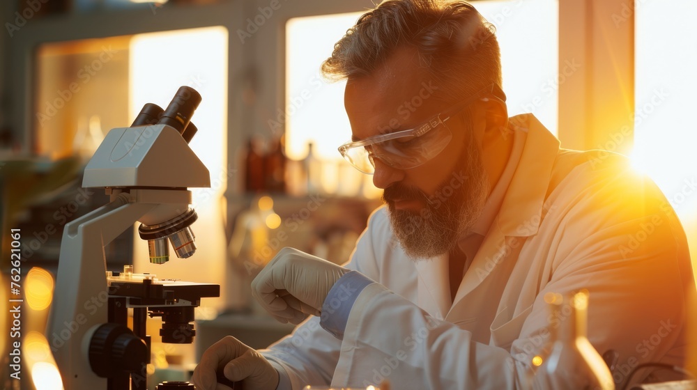 Poster A man in a lab coat is focused on examining a specimen through a microscope in a laboratory setting. He appears to be conducting scientific research and analysis.
